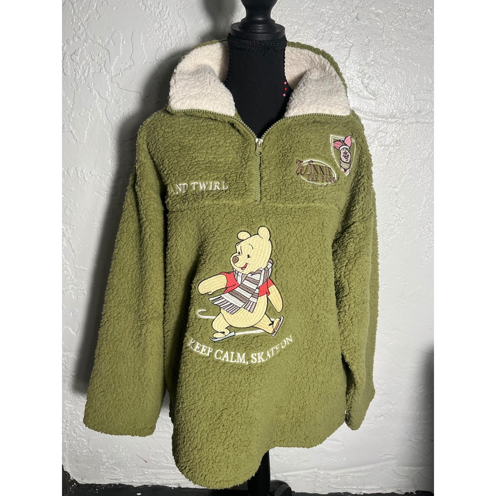 NWT Disney Winnie the Pooh XL Green Sherpa Quarter Zip Fleece Pullover
